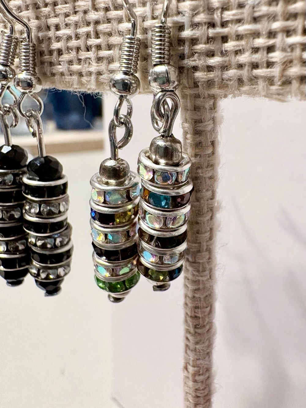 CHOICE OF ONE: Artisan made Silver Multi-Color Crystal Stack Drop Earrings - Picture 3 of 4